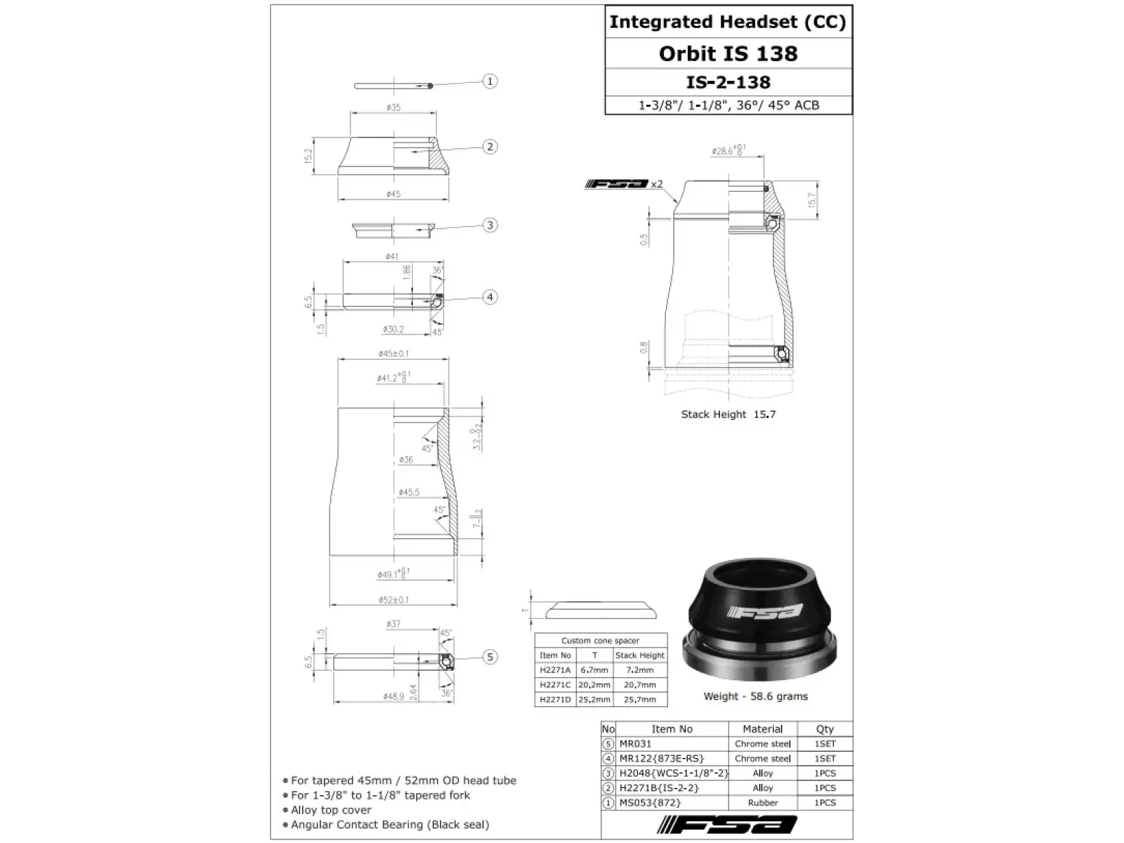 FSA ORBIT IS 1 3/8" headset 15.2 mm AL