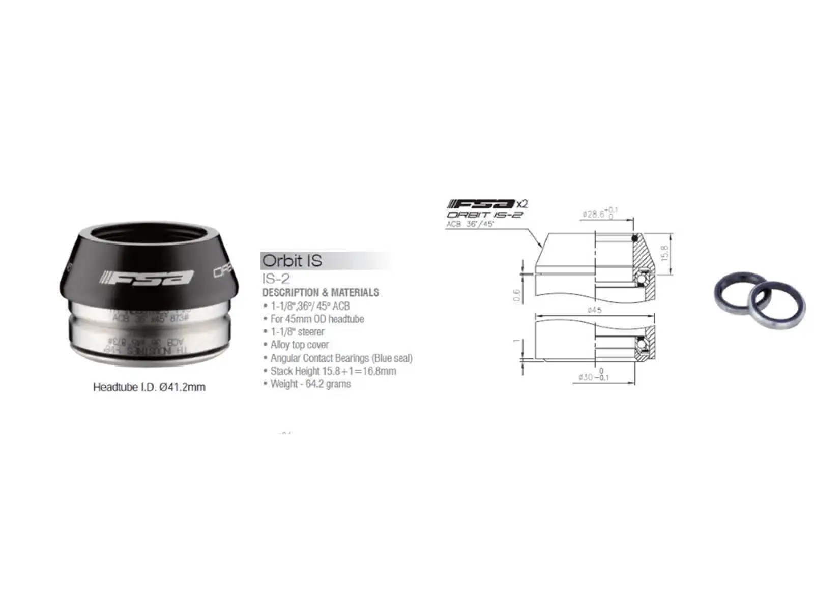 FSA Orbit IS2 41.2 mm integrated headset 1 1/8" 36/45 8 mm