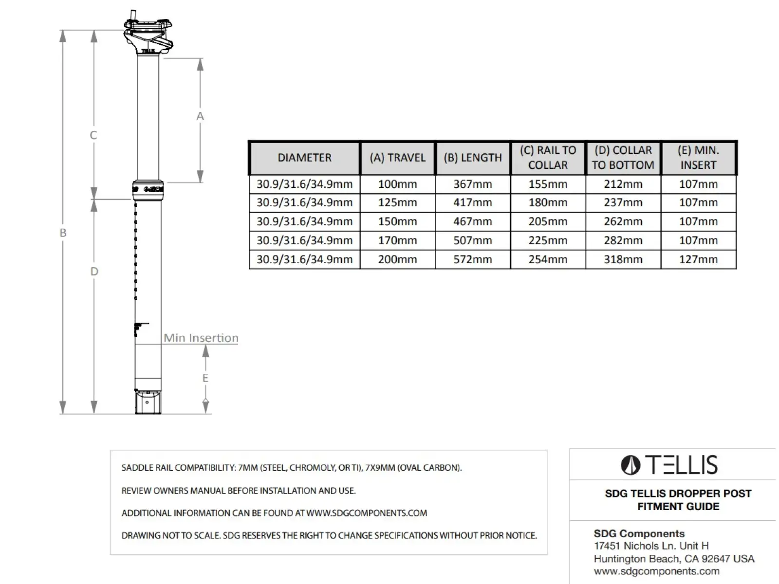 SDG Tellis 200 mm dropper post 31.6 x 572 mm